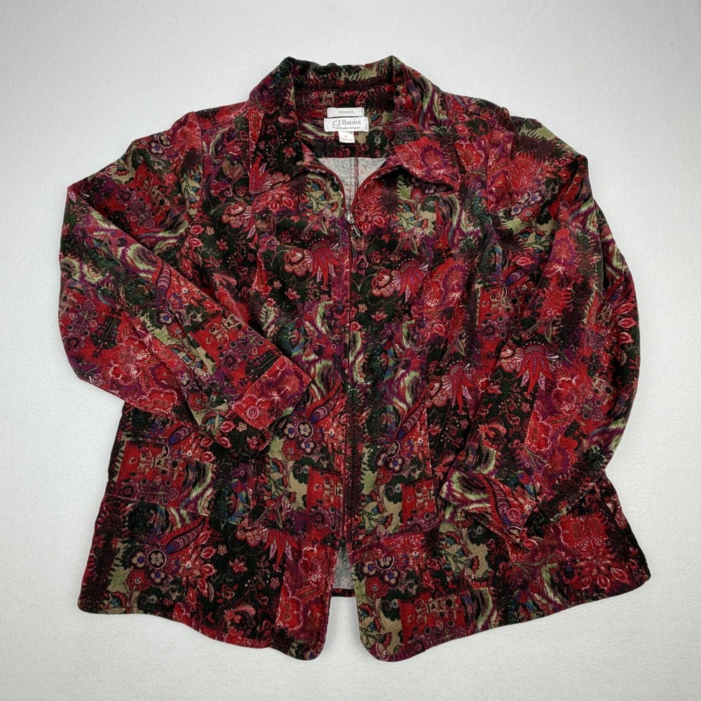 CJ Banks Womens 1X Corduroy Zip Up Jacket Paisley Floral Tapestry Red Green Boho